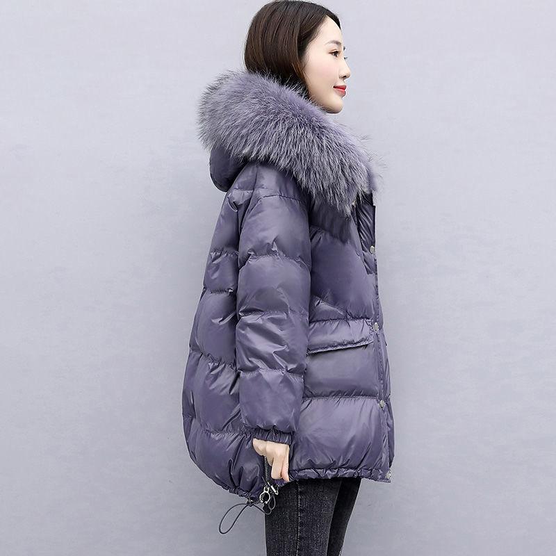 Women's Glossy Loose Down Jacket Mid-length Korean Thick Coat Warm Cotton Coat with Big Fur Collar Winter Quilted Jacket