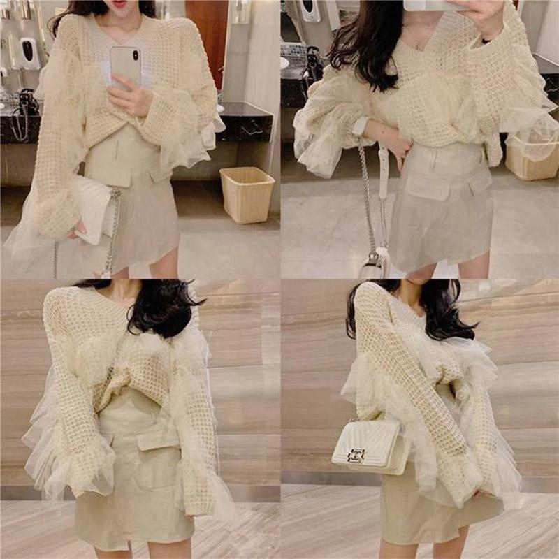 Women Black Sexy V-neck Lace Pullover Sweater Wild Thin Skinny Knitted Bottoming Shirt Coat