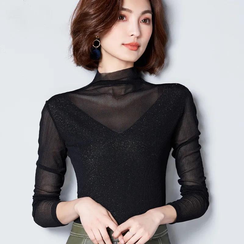 Women Long Sleeve T-Shirts Patchwork Design Lace Bright silk Decor See Through O-Neck Solid Top Elegant Lady Autumn Slim Pullover