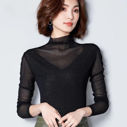 Women Long Sleeve T-Shirts Patchwork Design Lace Bright silk Decor See Through O-Neck Solid Top Elegant Lady Autumn Slim Pullover