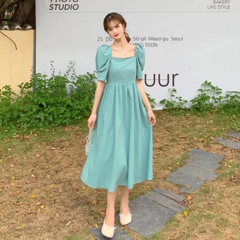 Women's Summer Long Dress Square Neck Slim Puff Sleeve Solid Color Skirt