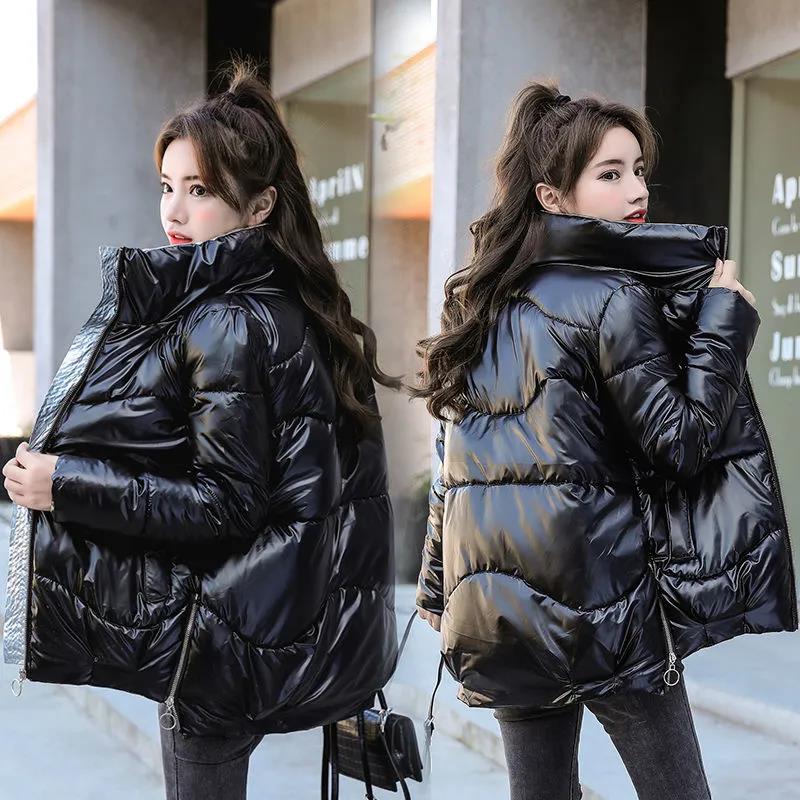 Glossy Short Women's Down Jacket Winter Korean Style Loose Cotton Clothes Casual Stand-collar Cotton Jacket