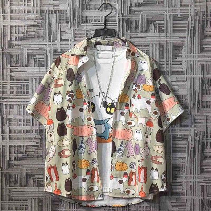 Summer Simple Semi-short-sleeved Floral Shirt Men's Beach Loose Plus Size Blouse