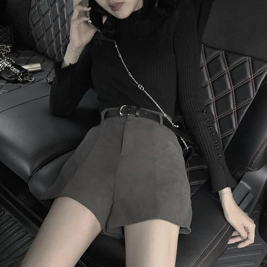 Send Belt Woolen Shorts Children's Autumn and Winter Models To Wear High Waist A-line Thin Black Wild Wide-legged Tide Ins