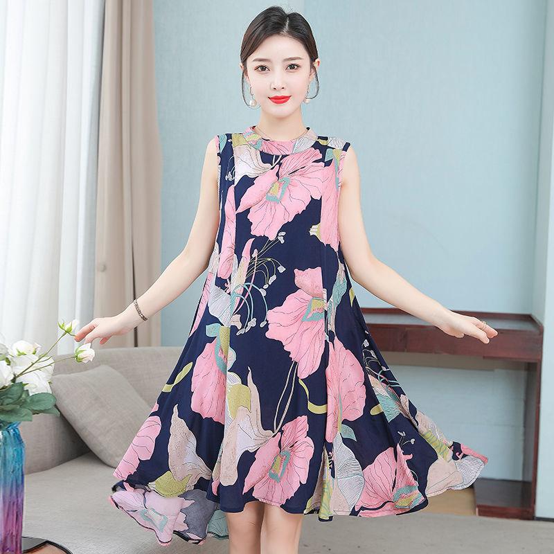Women Cotton Silk Dress Summer Mother Sleeveless Mid-length Loose Large Home Night Skirt Beach Skirt