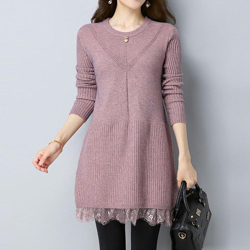 Plus Thick Autumn and Winter Sweater Women Loose and Warm Mid-length Bottoming Shirt Round Neck Knitted Lace Sweater Dress