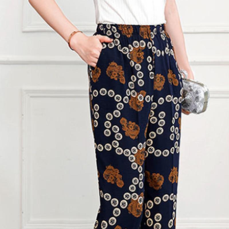 Cotton Linen Women's Trousers Flower Pants Plus Size Elastic Waist Straight-leg Pants Printed Fashion Casual Pants Summer