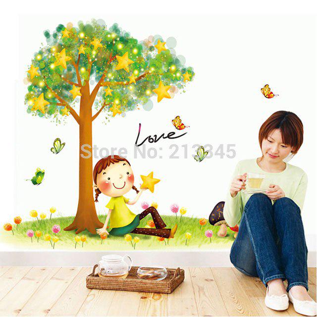 [sticker Monopoly ]Under The Stars Tree Little Girl Cartoon Wall Decor Decal Home Bedroom Kids Room