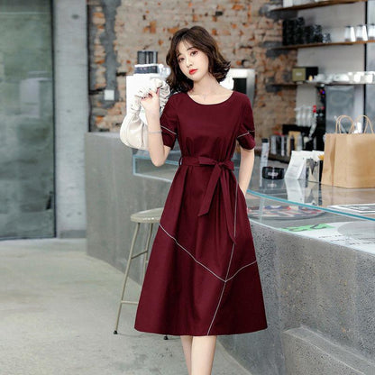 Spring Summer Women's Navy Blue Short-sleeved Dress Simple Lines Waist Knee-length Skirt All-match Casual