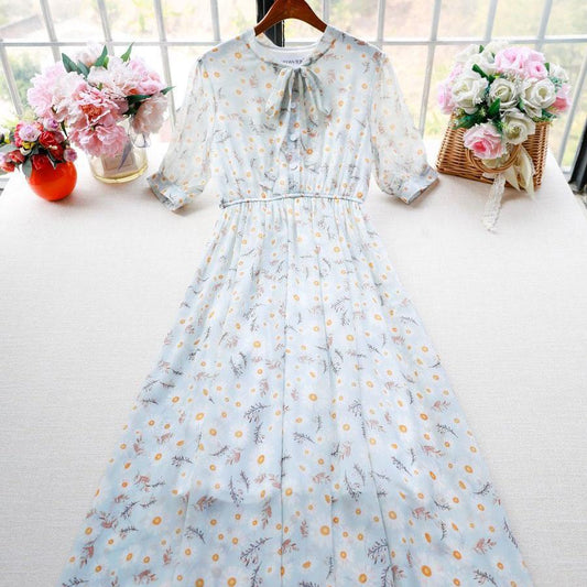 Female Vintage High Waist Super Fairy Holiday Dress Elegant Slim Chiffon Floral Print Lined Dress
