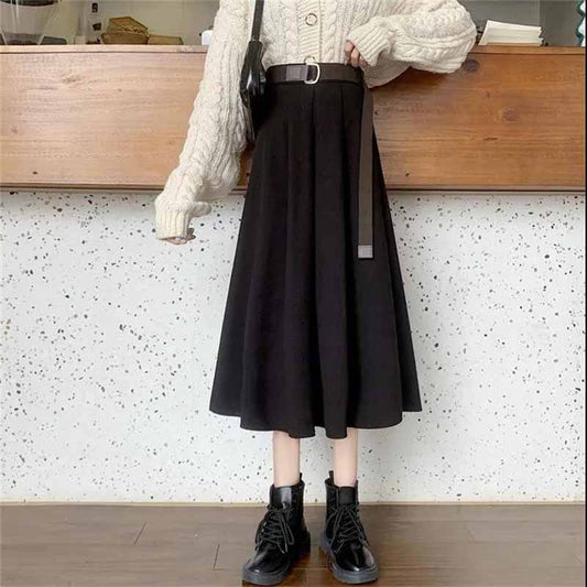 Autumn and Winter Belted Retro High Waist Slimming Korean Woolen A-line Mid-length Pleated Skirt