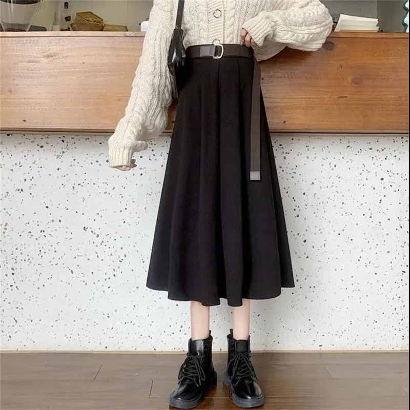 Autumn and Winter Belted Retro High Waist Slimming Korean Woolen A-line Mid-length Pleated Skirt