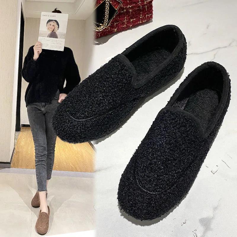 Women's Shoes Plus Velvet Thick Winter Korean Version of All-match Plush Shoes Flat Warm Non-slip Shoes