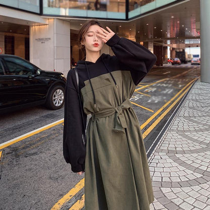 S-XXL Mid-calf Sweater Dress with Belt Women Spring and Autumn Plus Size Hooded Long Sleeve Loose Dress Thicken Cotton