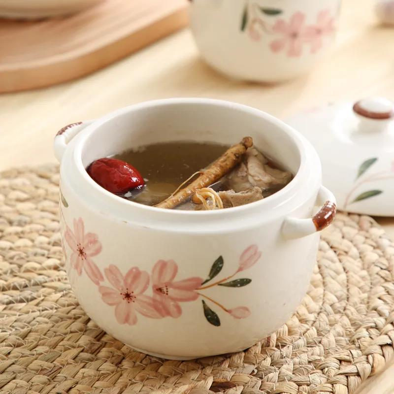 Chinese Style Underglaze Cherry Blossom Ceramic Soup Cup, Steamed Egg Pot, Water-proof Soup Pot with Lid