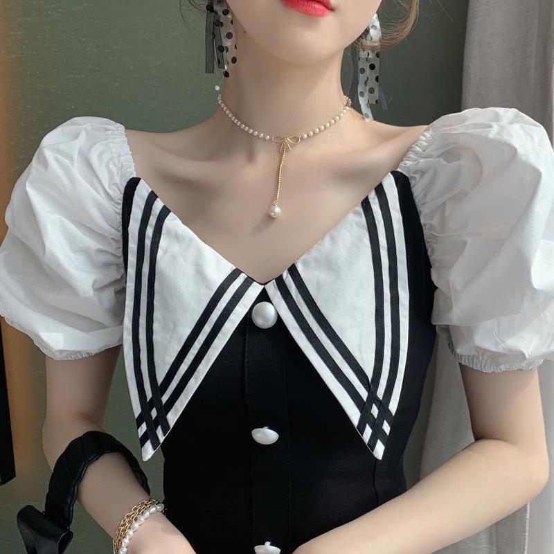 Women's Dress Summer Bubble Sleeve Slim Package Hip Dress Long Black Skirt V-neck Dress