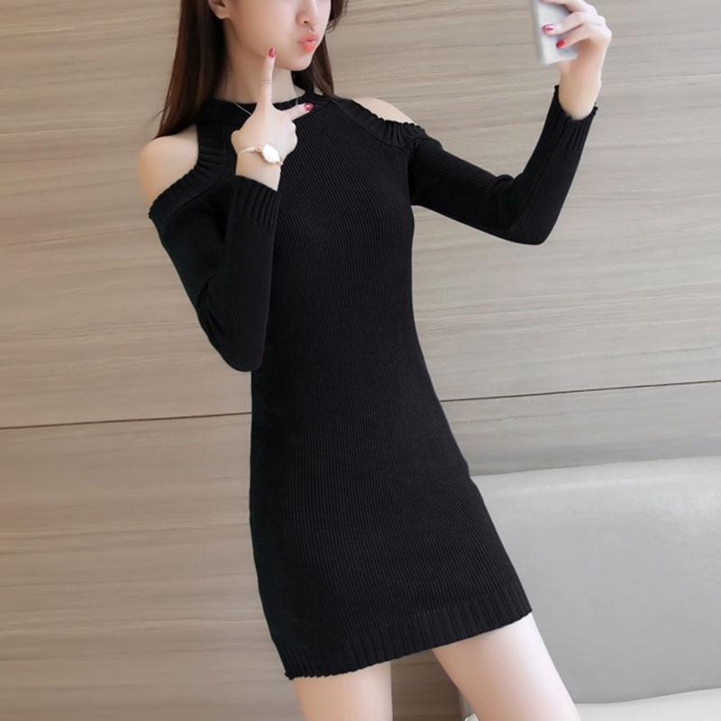 Mid-length Off-shoulder Bottoming Sweater Sexy Casual Top Slim Fit Hip Dress