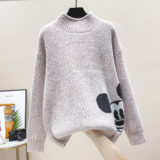 Half Turtleneck Women's Sweater Cartoon Pattern Print Sweater Korean Style Loose Plus Size Sweater
