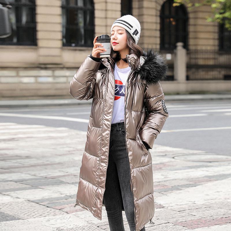 Women Long Oversize Blue Down Jackets Warm Thick Casual Loose Winter Jacket Fur Collar Hooded Coats Female Down Coats Solid Glossy Outwear