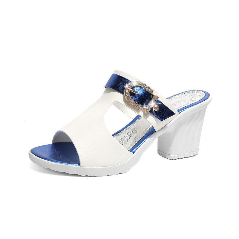 Sandals  Women Summer Korean Style Small Thick Heel High Heels Mid-heel Buckle  All-match Open-toed Women's Shoes