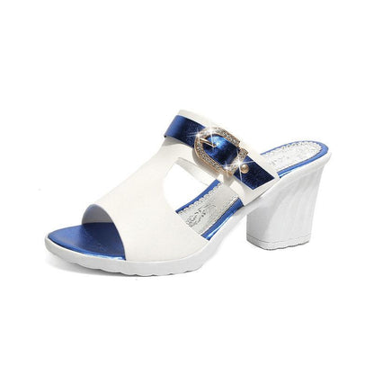 Sandals  Women Summer Korean Style Small Thick Heel High Heels Mid-heel Buckle  All-match Open-toed Women's Shoes