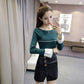 Pofulove flared sleeves hit color wild round neck jumper long sleeve bottoming sweater women