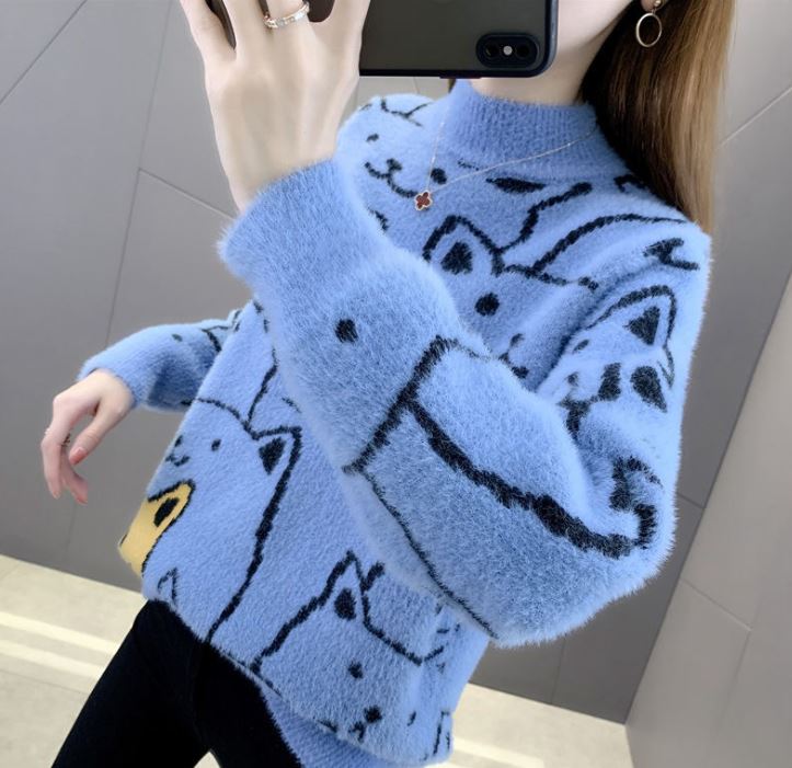 Korean Style Fashion Imitation Mink Fleece Sweater Half Turtleneck Knitted Long Sleeve Plush Sweater Loose Plus Size Cat Sweater