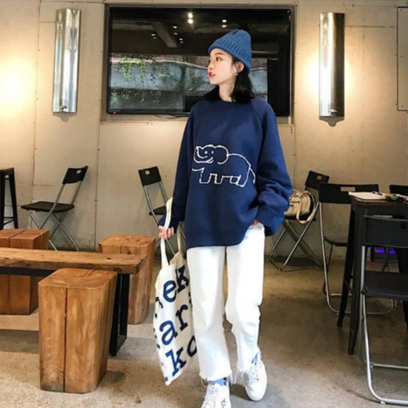 Pofulove Autumn Winter Round Neck Sweater female Loose Wild  Cartoon Pattern Knitted Thin Sweater
