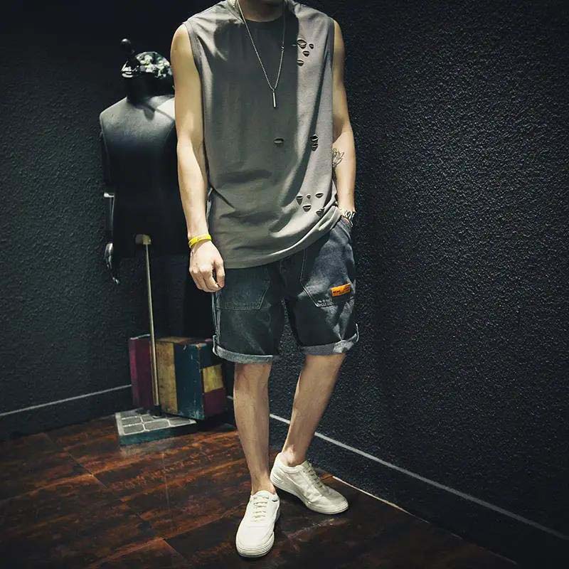 Summer Thin Rotten Hole Sleeveless T-shirt Loose Waistcoat Outer Wear Solid Color Trendy Vest