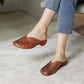 Leather Embroidered Flower Baotou Sandals Middle Heel Leather Retro Outer Wear Half Slippers Summer