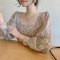 Korean Fashion Women Long Sleeve Floral Print Chiffon Square Neck Shirt Blouse Tops
