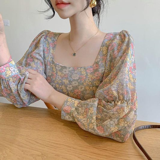 Korean Fashion Women Long Sleeve Floral Print Chiffon Square Neck Shirt Blouse Tops