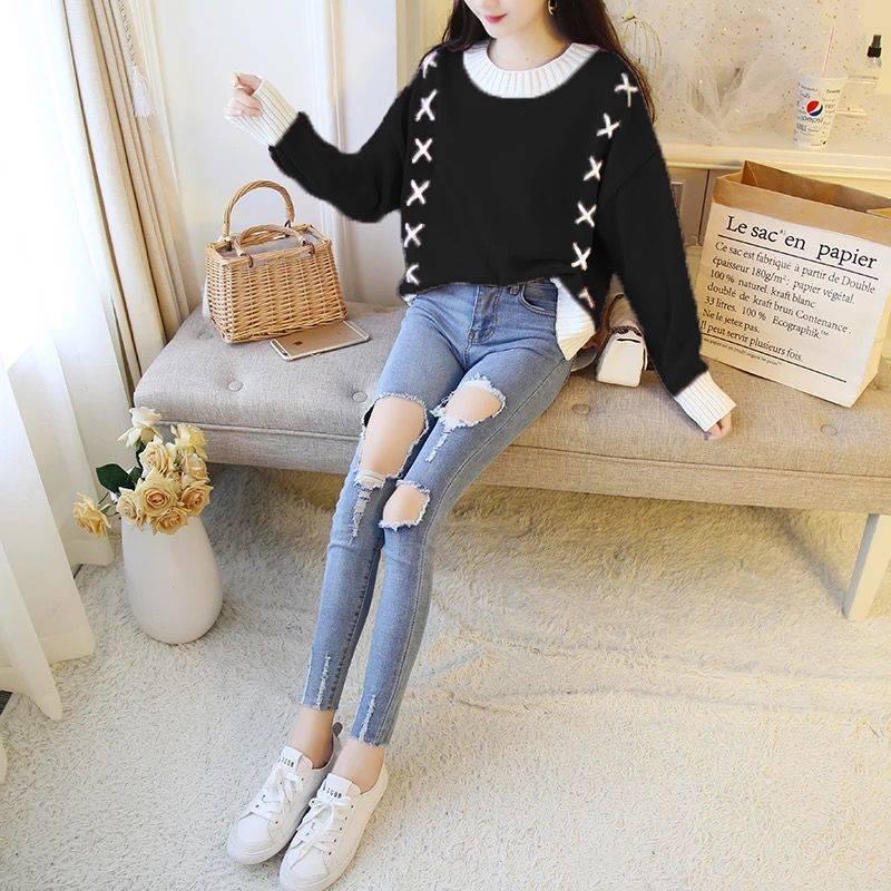 Loose Front Short Back Long Split Knitted Round Neck Jumper Short Wild Sweater Women