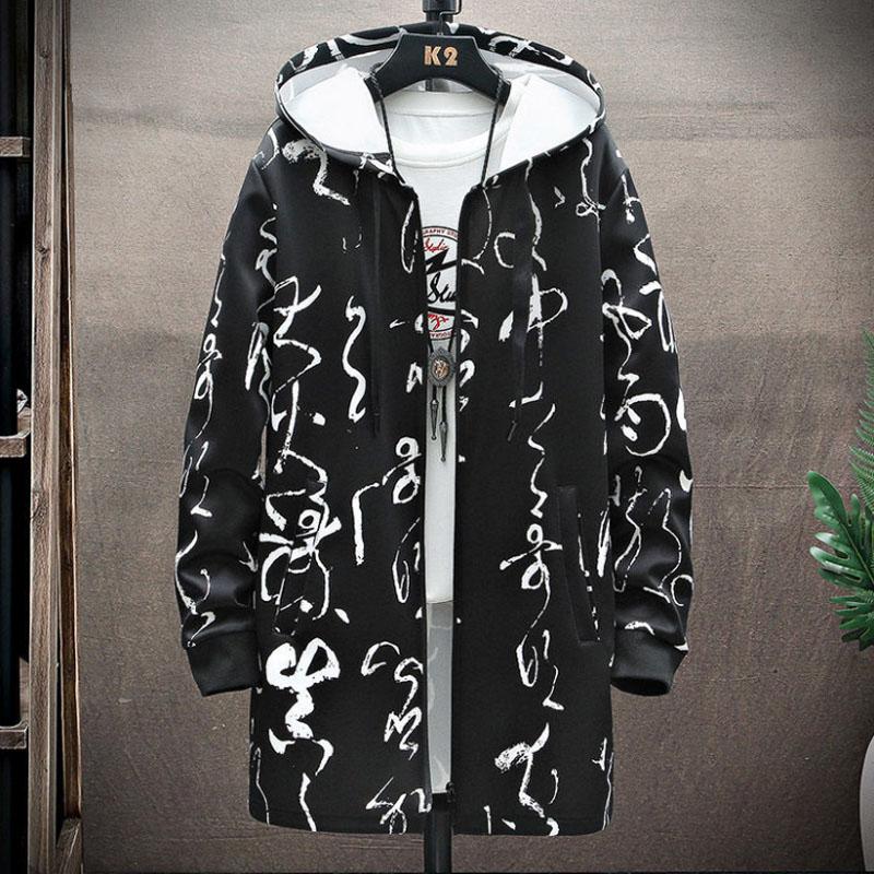 Chinese Calligraphy Print Jacket Men Hooded Windbreaker Spring Casual Loose Coat Soft Comfortable Top Long