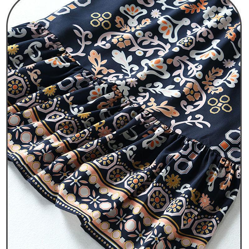 Short-sleeved Ice Silk Dress Female Summer Retro Floral Thin Loose Skirt Simulation Silk Temperament Printed Pleated Dress A-line Skirt