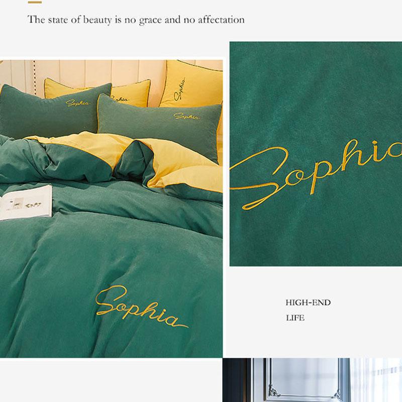 Four Seasons Simple Embroidery Thickening Brushed Four-piece Household Duvet Cover Dormitory Bedding Set