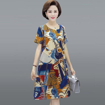 Women Summer L-XXXXXL Plus Size Mid-length Printed Dress Short Sleeve A-line knee-length