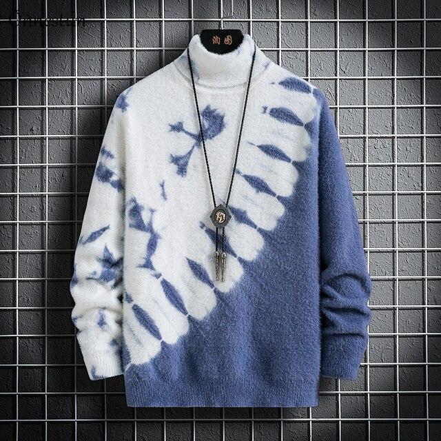 Sweater Winter Men's Knitted Pullover Casual Hip Hop Print Warm Turtleneck Imitation Mink Sweaters Man Tops