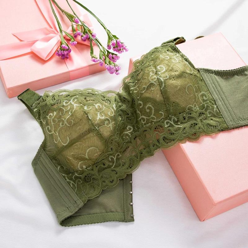 Women's Large Size Bra Full Cups Breathable No Steel Ring Bra Ultra-thin Soft Sexy Floral Lace Transparent Brassiere Hollow Out Adjustable Underwear