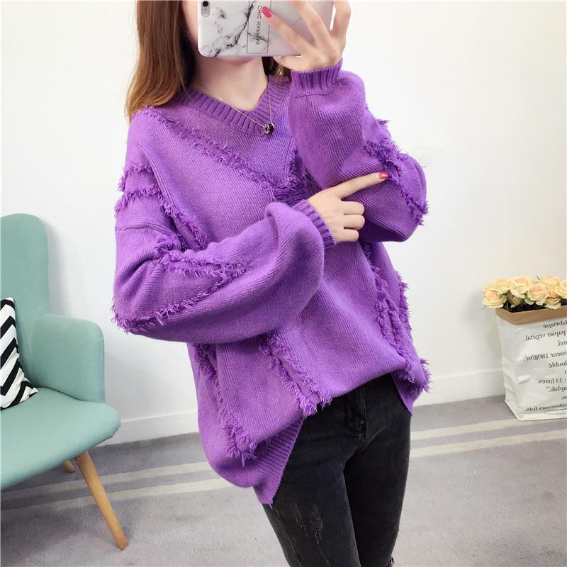 V-neck Bottoming Tattered Sweater Women Fall/winter Loose Knit Sweater Casual Fashion Top
