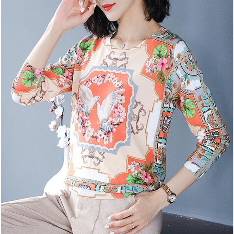Autumn  Winter Ethnic Style Printed Sweater Women Short O-neck Pullover Loose Plus Size Wool Sweater Ladies Knit Jumper Top