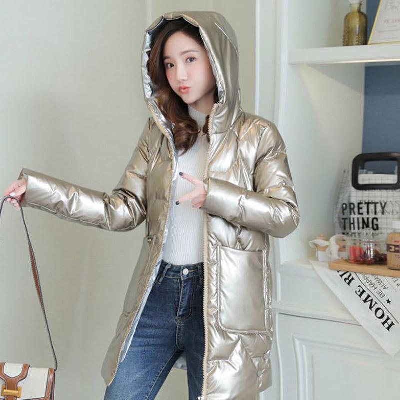 Winter Glossy Down Jacket Korean Thick Hooded Cotton Jacket Solid Color Disposable Mid-length Ladies Down Jacket