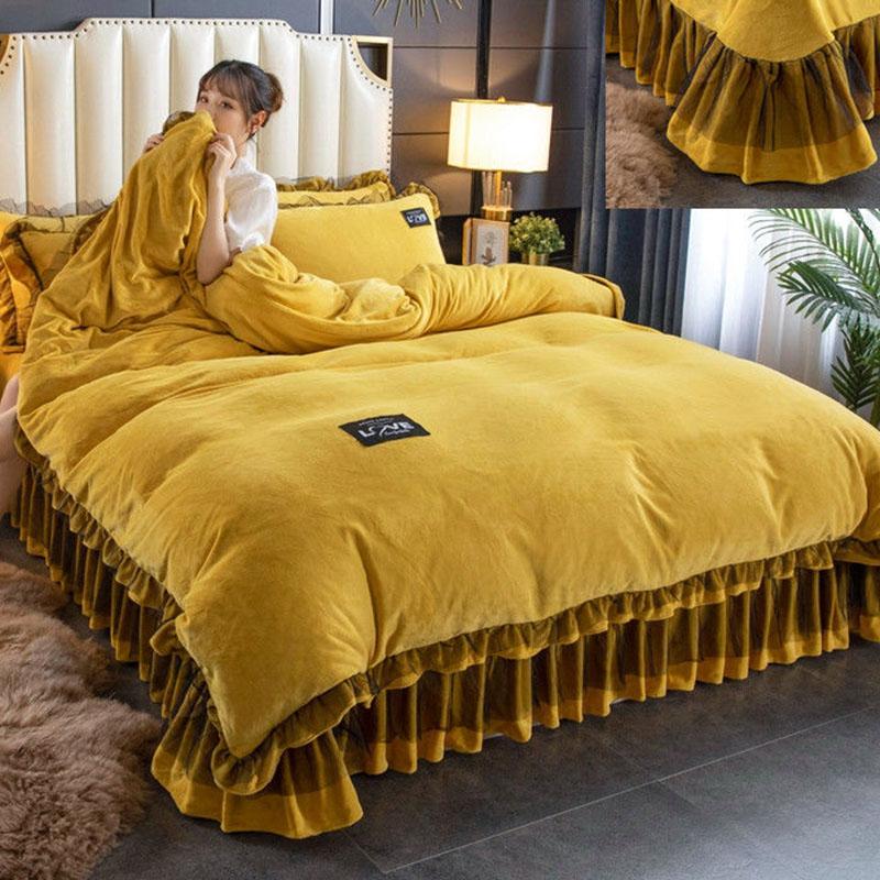 4pcs/set Korean Version of High-grade Milk Velvet Bed Linen Thickened Plus Velvet Warmth Pure Color Quilt Cover Large Bedding
