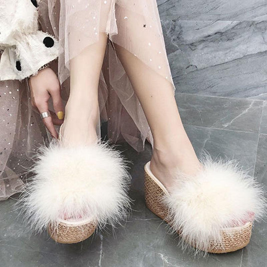 Fur Slippers Women Fluffy Sliders Comfort Summer Wedge Heeled Slippers Sweet Ladies Platform Slippers Footwear