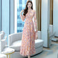 Jacquard V-neck Long-sleeved Dress Spring and Autumn Style Temperament Waist Slimming Slim Bow Long Dress Women's Fabric Light and Breathable