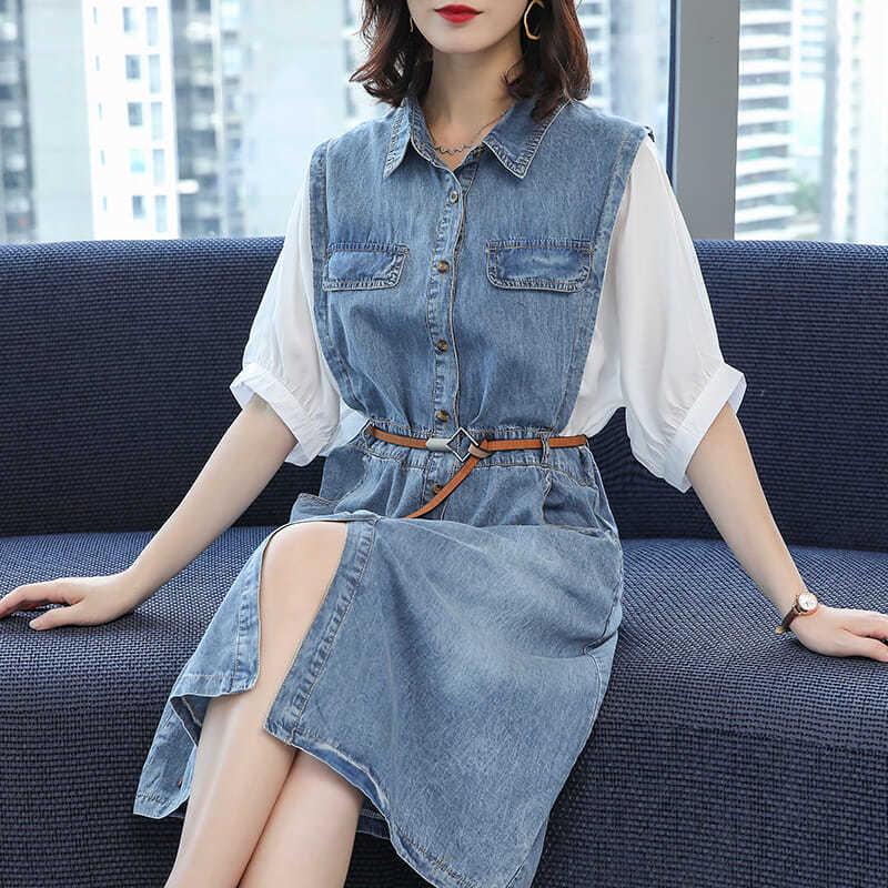 Summer Plus Size Dress Women Fake Two-piece Shirt Dress Midi Denim Dress with Belt