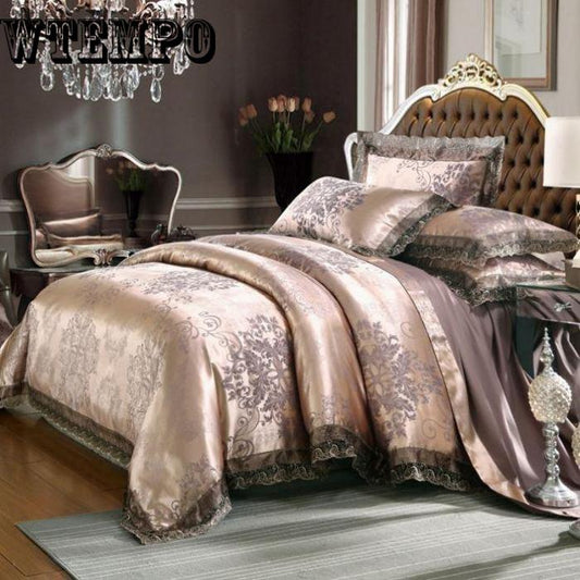 4PC Luxury Silk Cotton Satin Jacquard Bedding Set Duvet Cover Bed Sheet Pillowcases Bedclothe