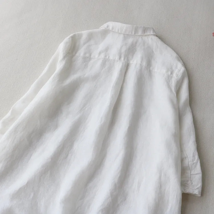 Vintage Long Shirt Dress Women Simple Loose Summer Cotton Linen Lapel Three Quarter Sleeve Black White Blouses Casual Clothing