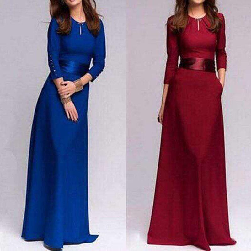 Women Long Sleeve Formal Casual Empire Waist Evening Party Maxi A-Line Dress