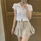 Korean Version of Super Spicy Girl Plus Cotton Linen Lace Stitching Pleated Skirt High Waist Sexy Khaki Lace Pleated Mini Skirt